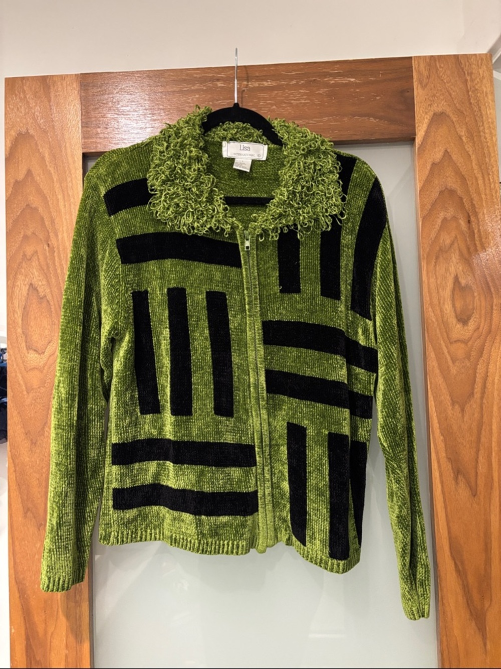 Lisa International Green Super Soft Chenille Knit Zippered Cardigan Sweater Y2K